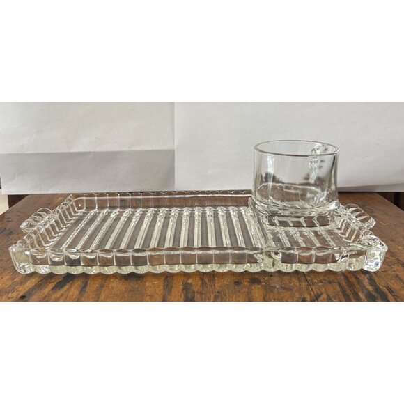 40’s Hazel Atlas mid century Snack-Sip and Smoke Set ribbed tray ball cup glass - Picture 4 of 7